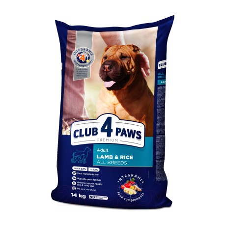 Сухой корм Club 4 Paws для взрослых собак всех пород (ягненок и рис, 14 кг)