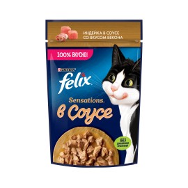 Влажный корм Felix Sensations для взрослых кошек, с индейкой в соусе со вкусом бекона 75 гр