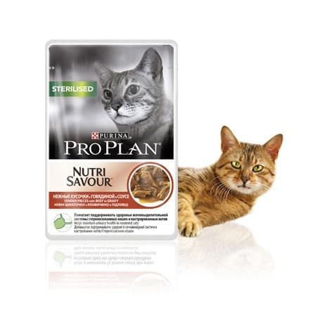 Pro Рlan Корм полнорац. консервы для стерилизованных кошек и кастрир. котов с говядиной в соусе (пакет 0,085 кг.)
