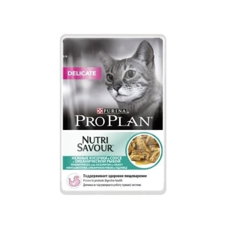 Purina Pro Рlan для взрослых кошек с чувствительным пищеварением, с океанической рыбой в соусе 0,085 кг